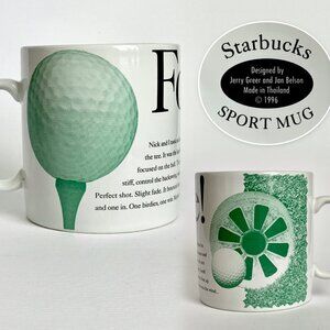 Starbucks 1996 Fore! Golf Sport Coffee Tea Mug Cup 16 oz White Green Collectible